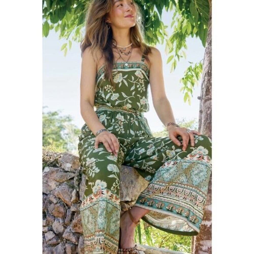 Sundance Cabazon Floral Wide Leg Jumpsuit Olive Green Size M